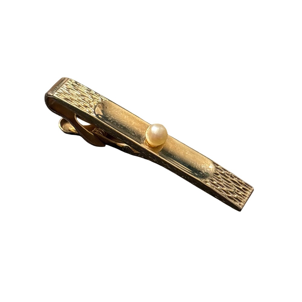 Vintage‎ Swank Gold Tone Textured Tie Clip with Faux Pearl Accent Elegant